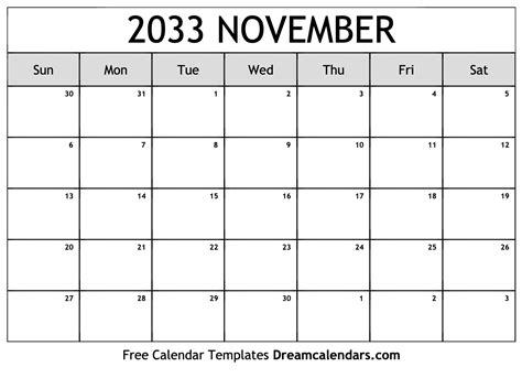 November 2033 Calendar Free Blank Printable With Holidays