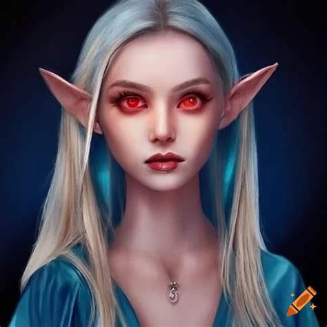Portrait Of A Young Female Elf With Red Eyes And Long Blonde Hair