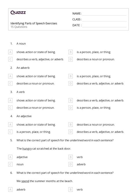 50 Parts Of Speech Worksheets For 5th Grade On Quizizz Free And Printable