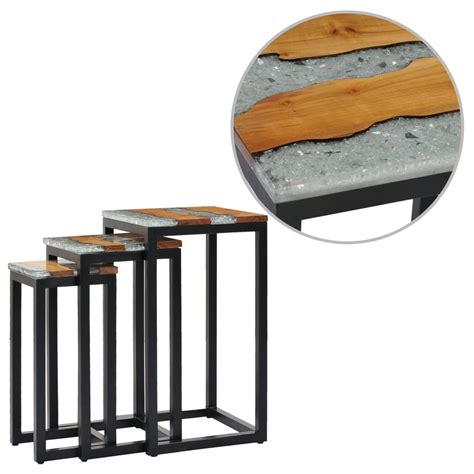 Nesting Tables 3 Pcs Solid Teak Wood And Polyresin Home And Garden
