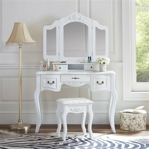 Modern Vanity Table Set Tri Fold Mirror 5 Drawers With Dressing Stool