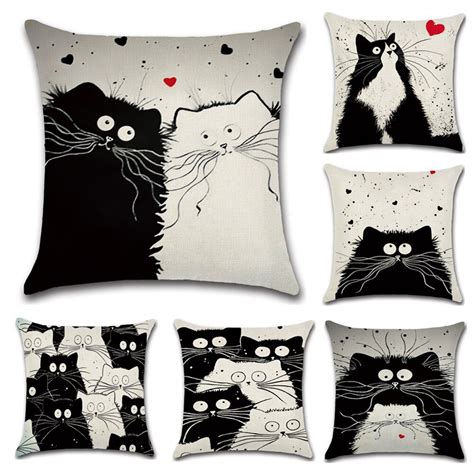 Ywzn Black And White Cat Printed Throw Pillow Case Cotton Linen Cute