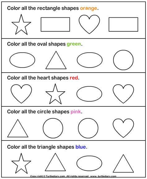 The train and rocket are comprised of circles, squares, triangles, and rectangles. Identify and Color Shapes Worksheet - Turtle Diary