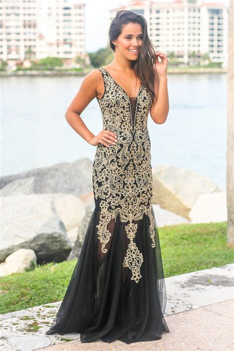 Black And Gold Lace Maxi Dress With Tulle Detail Gold Lace Maxi Dress