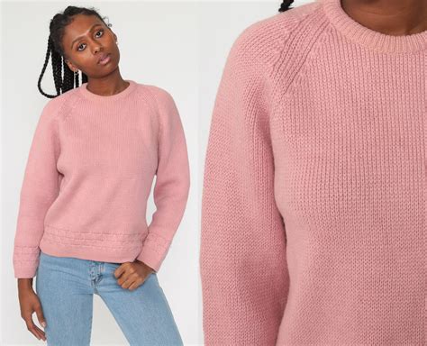 Pink Wool Sweater Knit 80s Slouchy Pullover Raglan Sleeve Jumper Plain