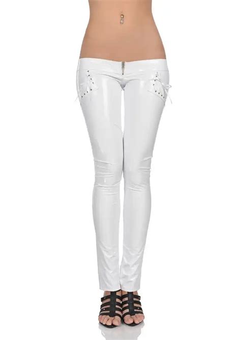 Sexy Low Rise White Pants Hipster Jeans Lace Up Women Lady Glossy Zip