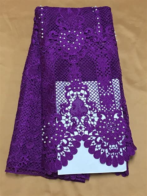 2017 latest design purple african guipure lace fabric with white beads high quality nigerian
