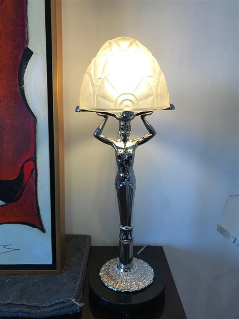 French Art Deco Female Figural Table Lamp By Degue Modernism