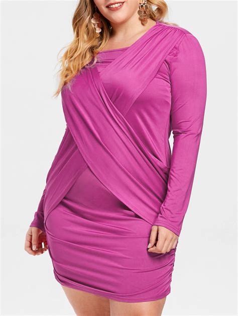 [31 Off] 2020 Plus Size Ruched Long Sleeve Bodycon Dress In Magenta Dresslily