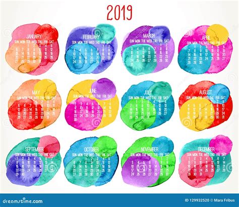 Year 2019 Colorful Watercolor Paint Monthly Calendar Stock Vector