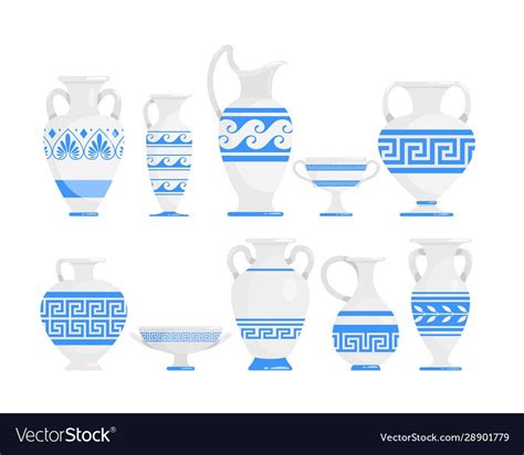 Blue And White Vases With Greek Ornament Designs On The Bottom One Side