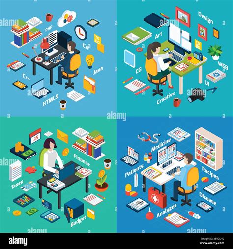 Creative Professionals Workplaces 4 Isometric Icons Square With