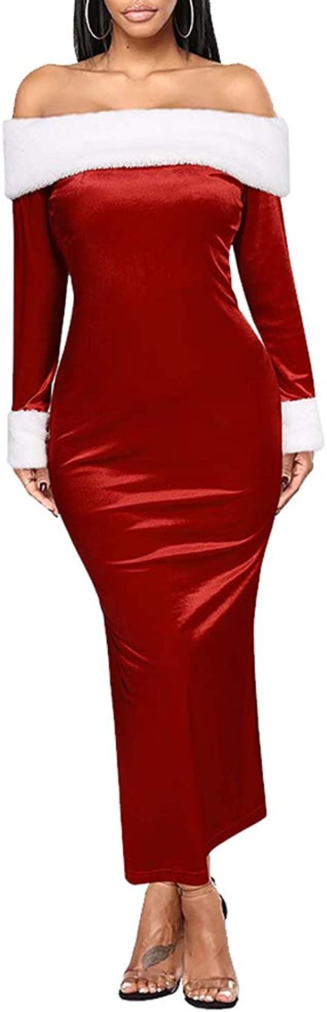 Christmas Woman Party Dress Velvet Long Sleeve Strapless Slim Dress Red