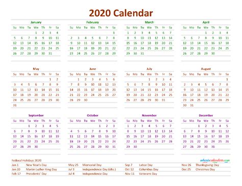 12 Month Calendar On One Page 2020 Printable Pdf Excel Image Free