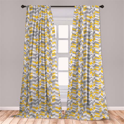 Grey And Yellow Curtains 2 Panels Set Geometric Vintage 60s Home