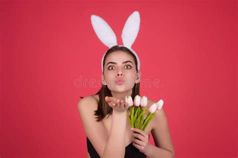 Easter Girl Young Woman With Bunny Ears And Easter Eggs On Studio