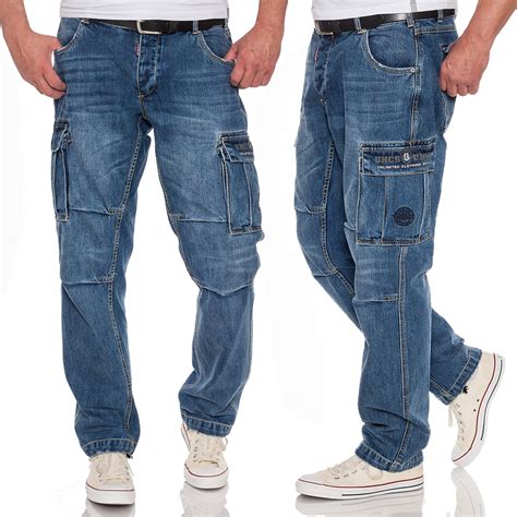 Uncs Herren Cargo Jeans Denim Cargo Pants Seitentaschen Bikerjeans