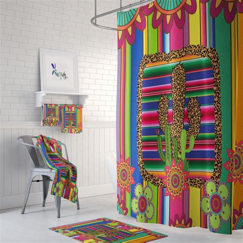 Southwest Serape Cactus Shower Curtain Optional Bath Mat And Etsy