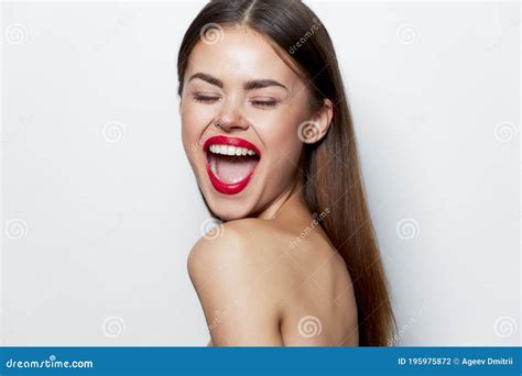 Woman Portrait Naked Shoulders Wide Open Mouth Closed Eyes Studio Red