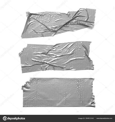 Duct Tape Pieces Isolated White Background Set Torn Wrinkled Silver