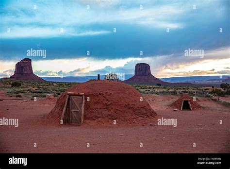 Monument Valley Hogan Navajo Typical Homes On Red Rocks And Blue