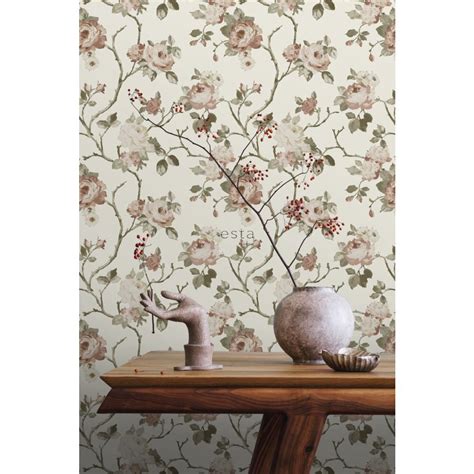 Esta Wallpaper Flowers Vintage Style In White And Old Pink Funkywalls