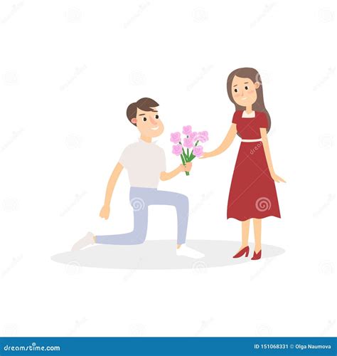 Young Students Romantic Couple Boy Gives Flower Bouquet Stock Vector