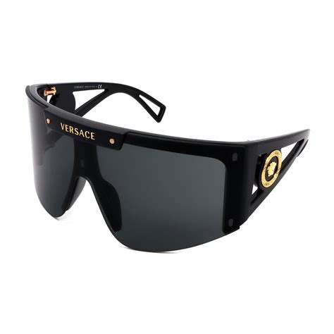 Versace Mens Ve4393 Gb187 Shield Sunglasses Shiny Black Gray Designer Shades Touch
