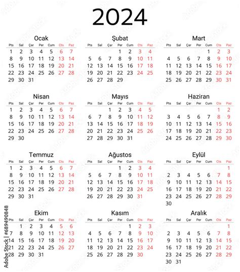 2024 Turkish Calendar Printable Editable Vector Illustration For