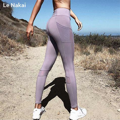 Sexy Mesh Yoga Pants High Waist Purple Yoga Legging Side Pocket Gym