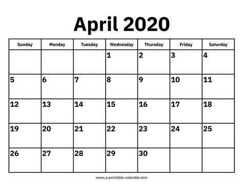April 2020 Calendar A Printable Calendar