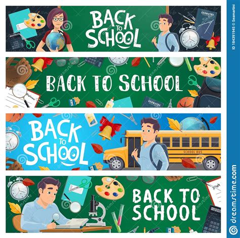 School Education Banners With Cartoon Vector Pupil Stock Vector