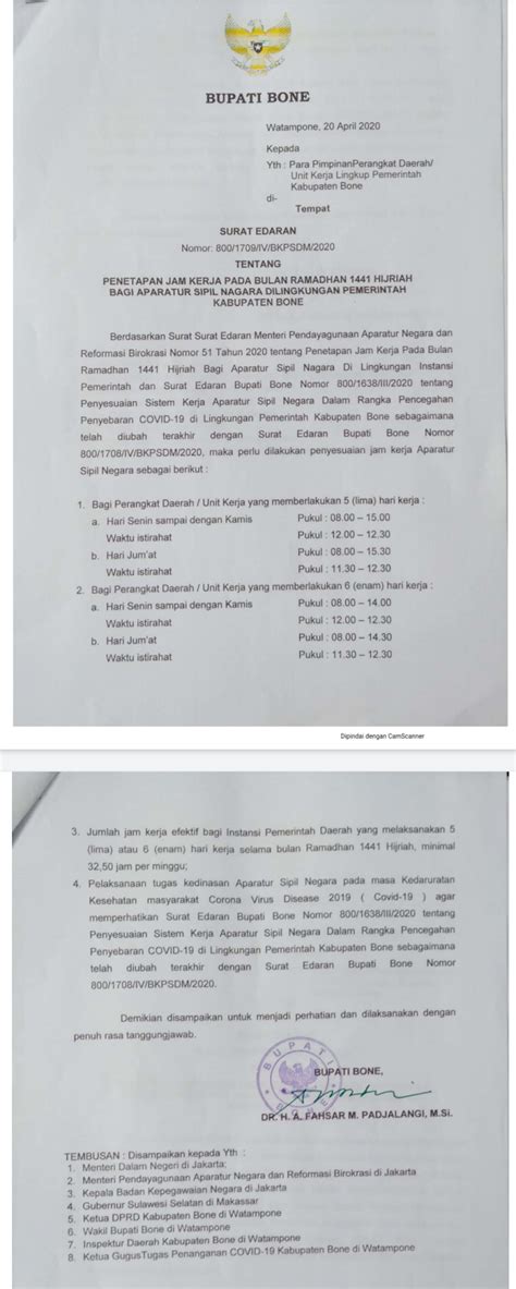 Dalam surat edaran menteri panrb nomor 67/2020 tanggal 4 september 2020 tentang perubahan atas surat. Surat Edaran Bupati Bone Tentang Penetapan Jam Kerja ASN Pemkab Bone Pada Bulan Ramadhan