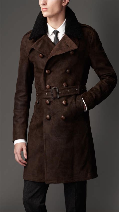 Burberry Brown Mid Length Shearling Collar Suede Trench Coat For Men Jackets Men Fashion