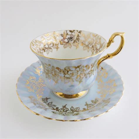 Royal Albert Iridescent Tea Cup And Saucer Blue And Gold Pattern 4254 Vintage Bone China In