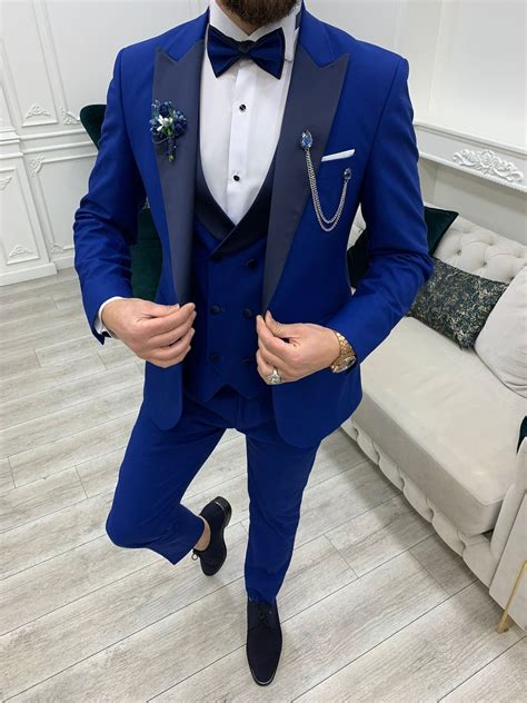 blue suits men 3 piece slim fit one button wedding groom party wear coat pant peak lapel blue