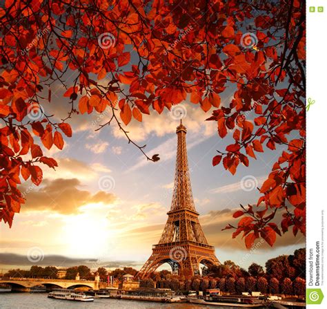 Eiffel Tower With Autumn Leaves In Paris France Stock Photo Image Of