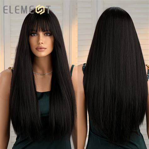 element long silky straight hair wigs with bangs for black women daily party wig ebay