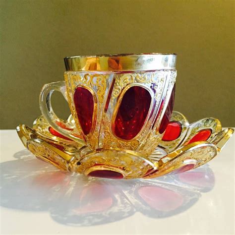 Set Of Five Exceptional Moser Cups And Saucers C 1900 From A Unique Collection Of Antique And