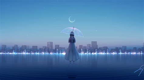 Anime Girl With Umbrella City Buildings Blue Sky Hd Anime Girl