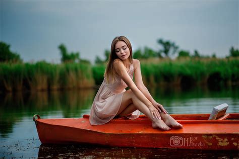 Wallpaper Model Blonde Long Hair Women Outdoors Nature Igor Halyavka Barefoot Boat