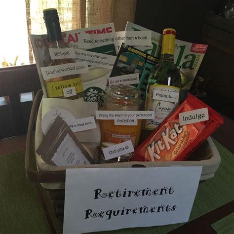Are you searching for a proper retirement present to express your gratitude for his or her contribution? Retirement requirements gift basket | Retirement gift ...
