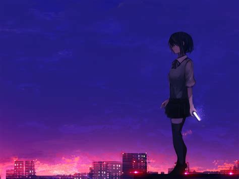 Wallpaper Anime Girl Rooftop Scenic School Uniform Buildings