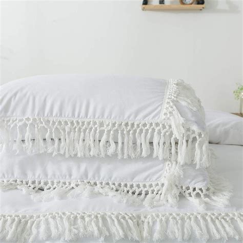 White Boho Bedding Tassel Duvet Cover Fringed 3 Pcs 100 Washed Cotton