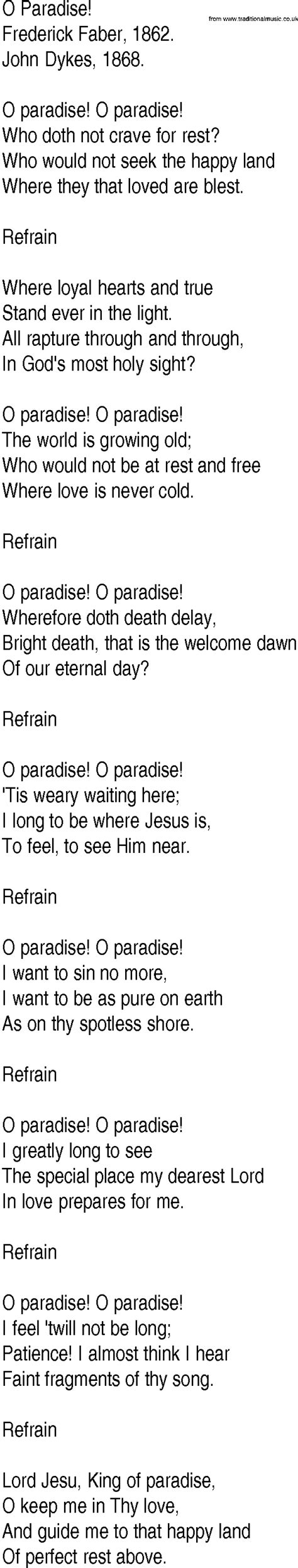 Hymn And Gospel Song Lyrics For O Paradise By Frederick Faber
