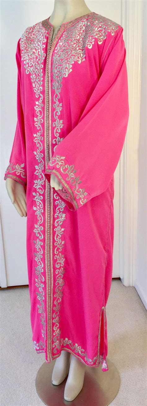 Hot Pink Moroccan Caftan With Silver Embroidered Maxi Dress Kaftan Size