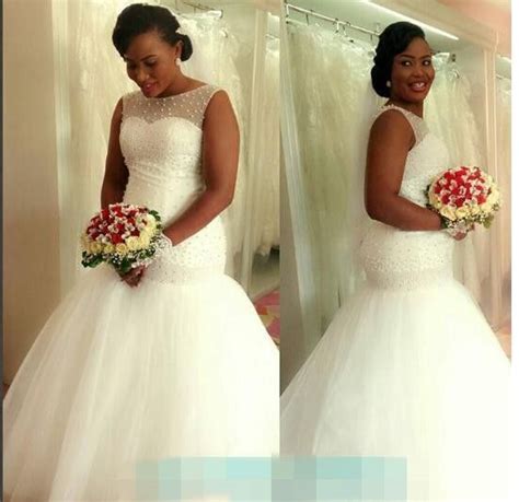 2017 Gorgeous African American Black Girl Wedding Dress Mermaid White Pearls Puffy Bridal Dress