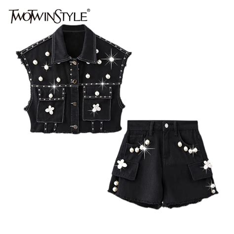 Twotwinstyle Denim Patchwork Pearl Sets For Women Lapel Sleeveless Vest Casual Short Female Two