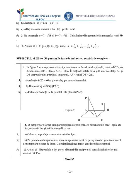 Teza Cu Subiect Unic Matematica Clasa A 8 A An Scolar 2019 2020 Semestrul 1 Subiect Si