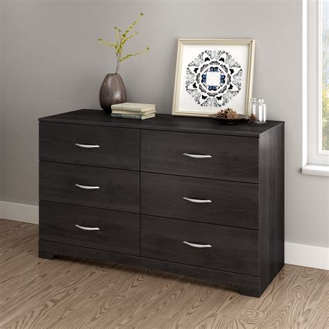 In a stylish, mid century modern design featuring angled legs and cutout handles of solid pine wood in a stained finish. South Shore SoHo 6-Drawer Double Dresser, Multiple ...